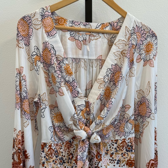 Free People Floral Tie Font Balloon Sleeves Boho Blouse Small Office Indie Hippi - Picture 2 of 11